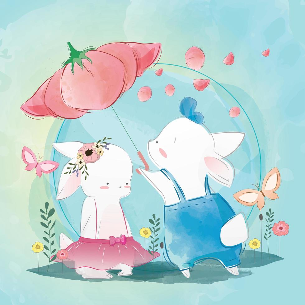 Couple Bunny Standing Under An Umbrella vector