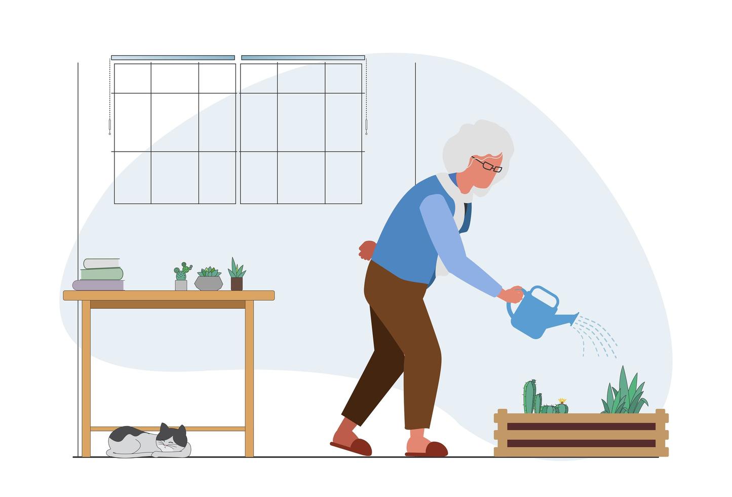 Elderly grandmother watering plants activity vector