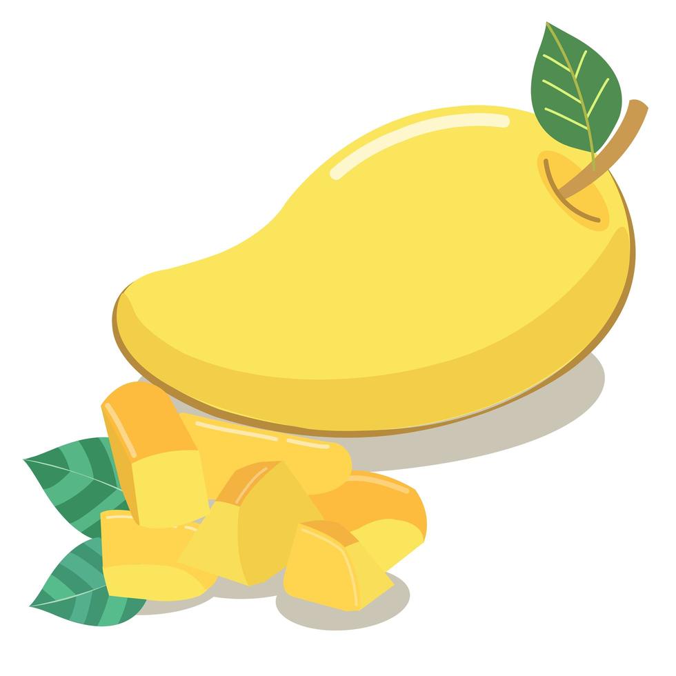 Fresh mango halves with green leaves vector