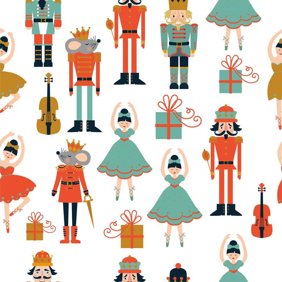 Christmas seamless Nutcracker and ballerina pattern vector