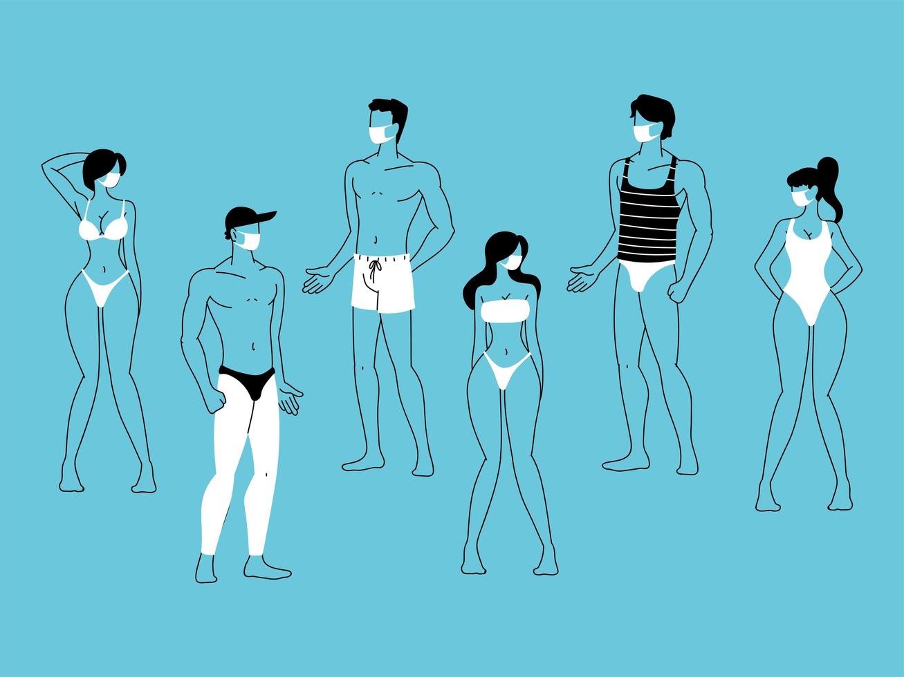Group of people at the beach wearing face mask vector