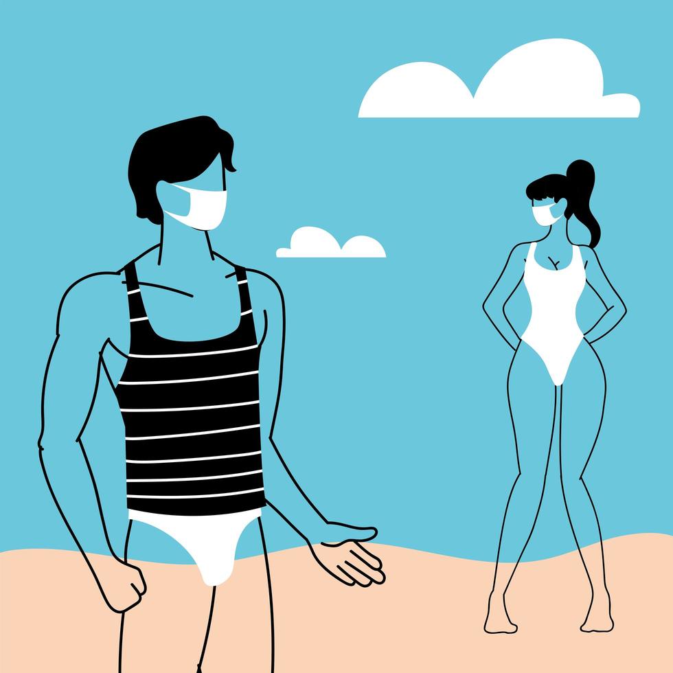 Couple of people at the beach wearing face mask vector