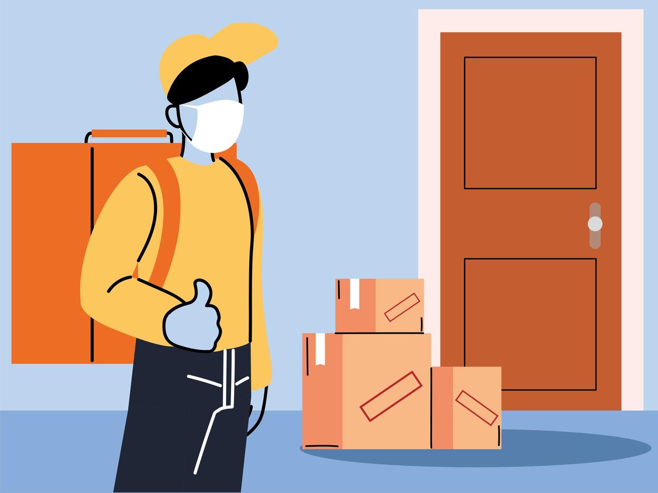 Courier with mask delivers goods to the door vector