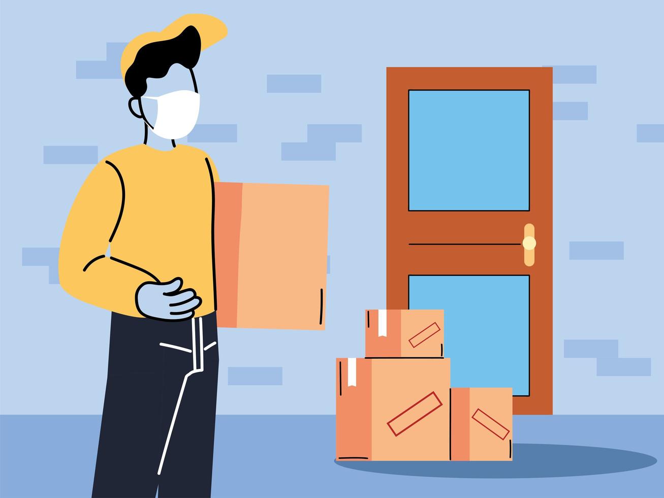 Courier with mask delivers goods to the door vector