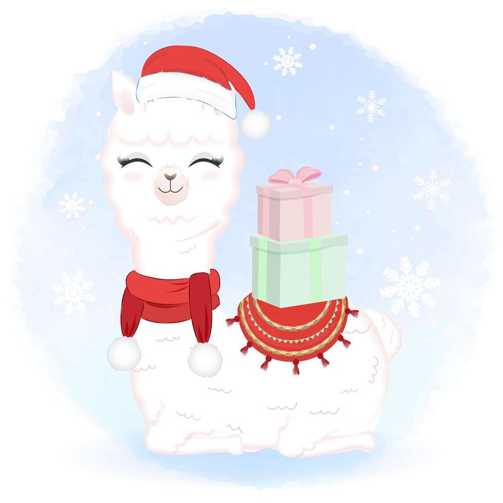 Cute Llama with gift box in winter vector