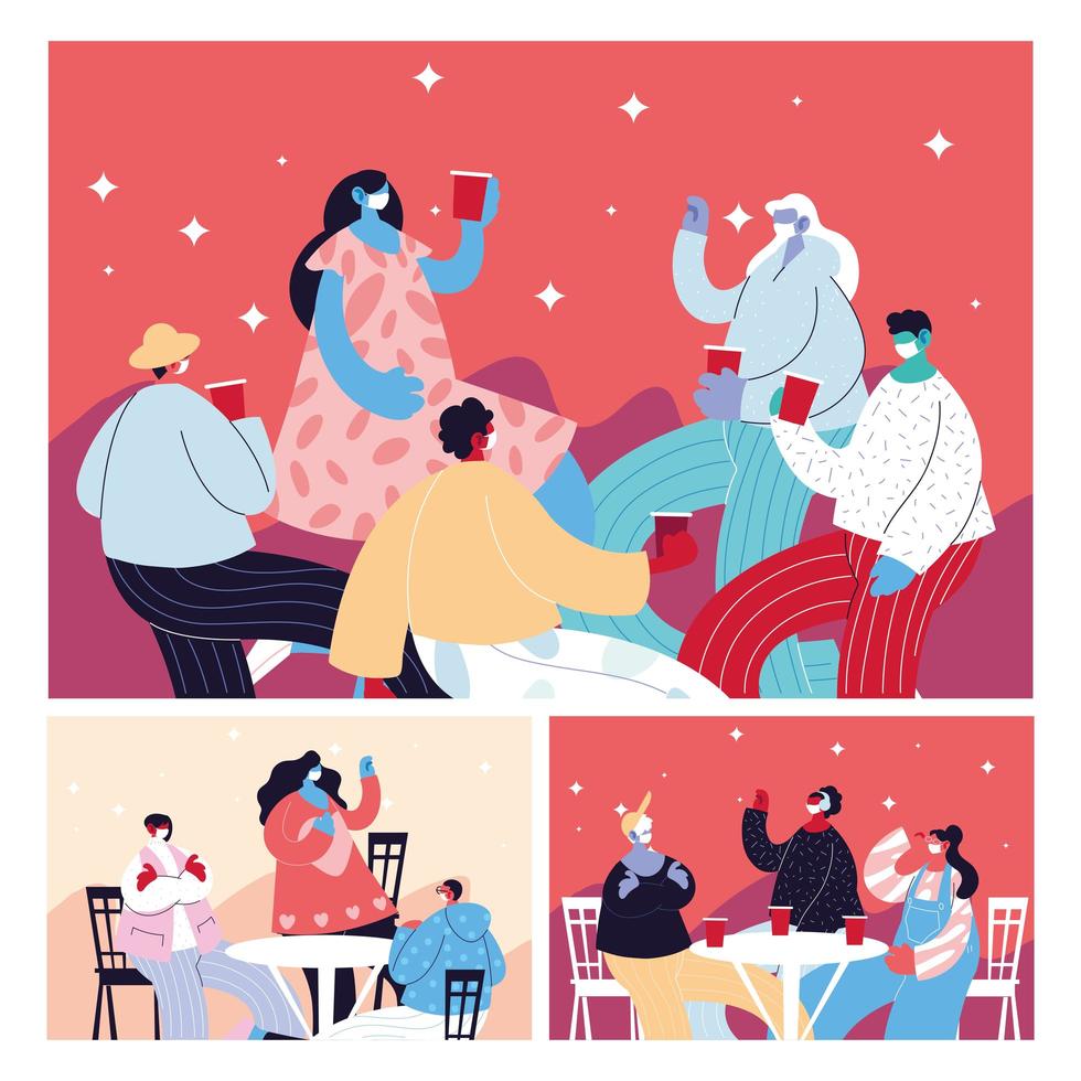 Cards with people celebrating and using face mask vector