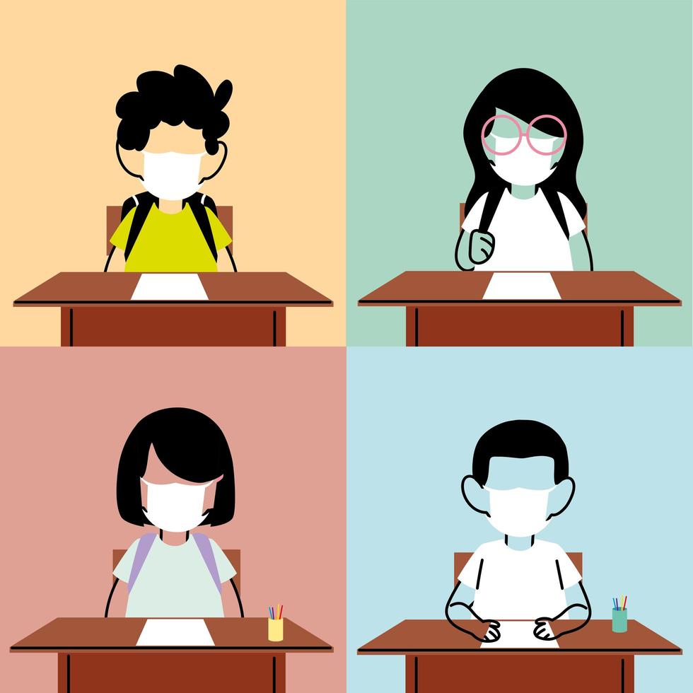 Kids with face mask in the classroom vector