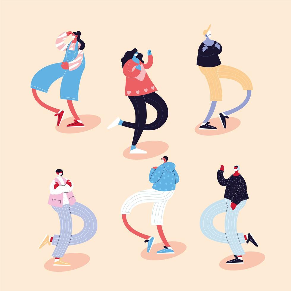 conjunto de personas bailando y usando mascarillas vector