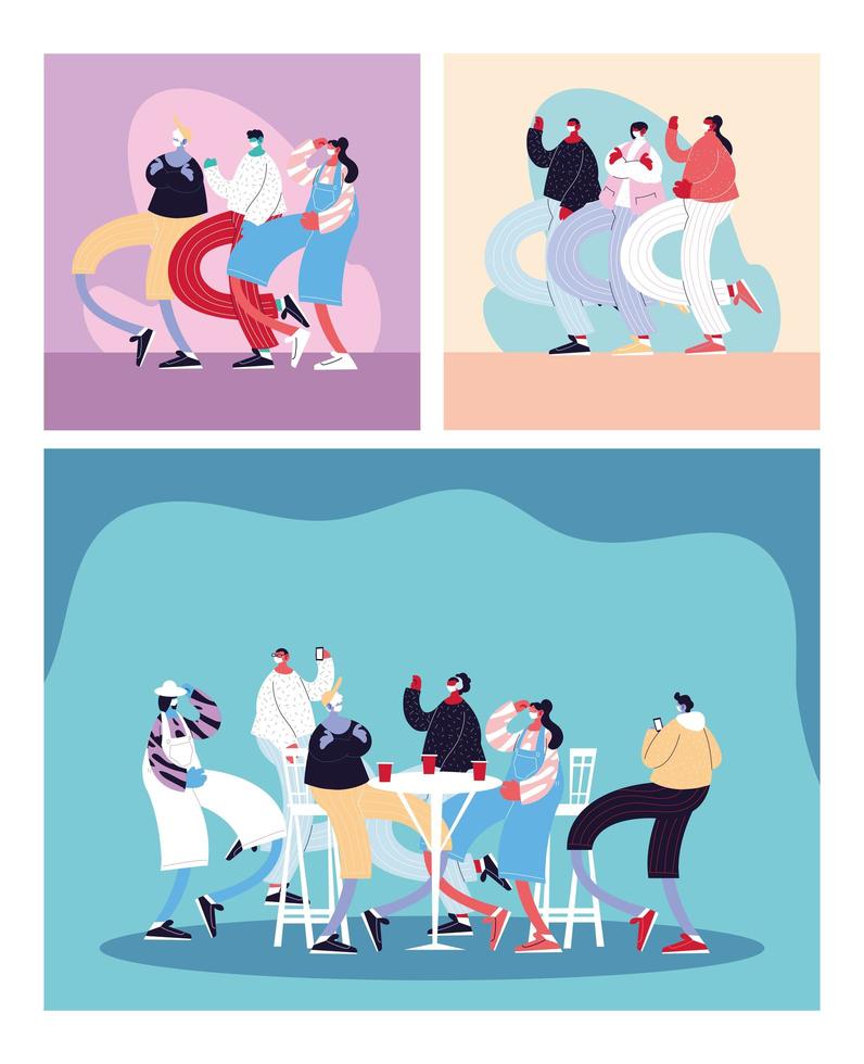 Cards with people celebrating and using face mask vector