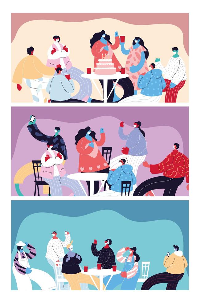 Cards with people celebrating and using face mask vector