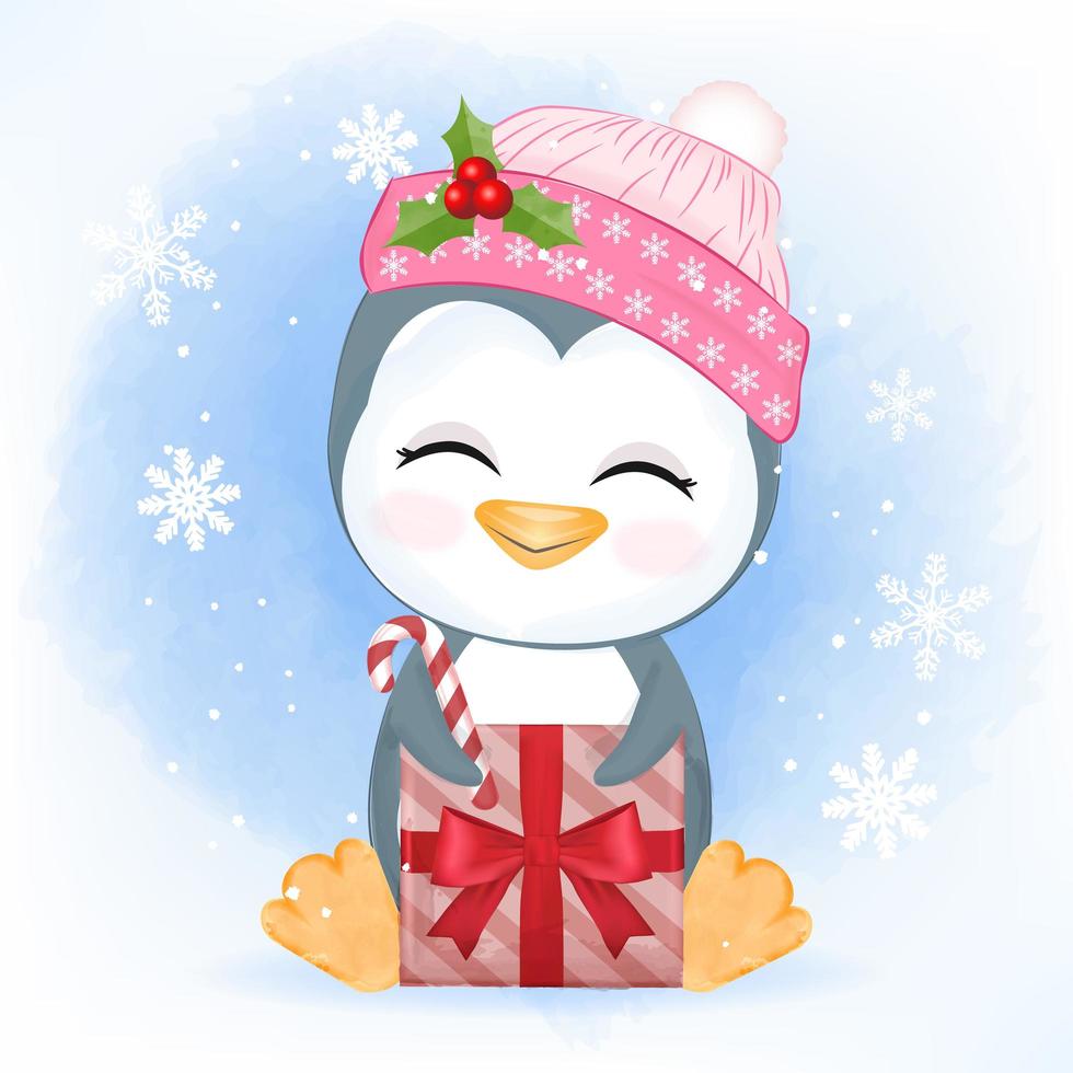 Little penguin with gift box vector