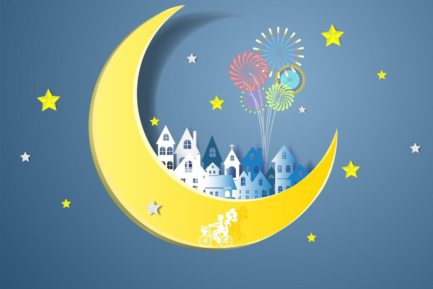 Happy new year celebration with city on moon vector