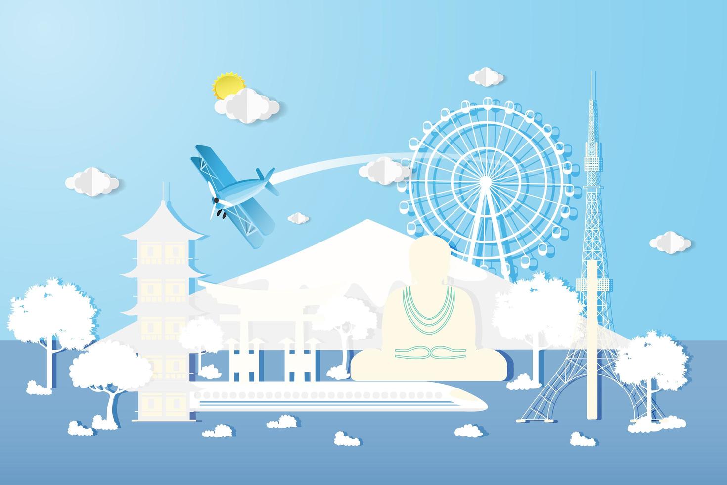 Plane flying in the sky with Tokyo landmarks vector