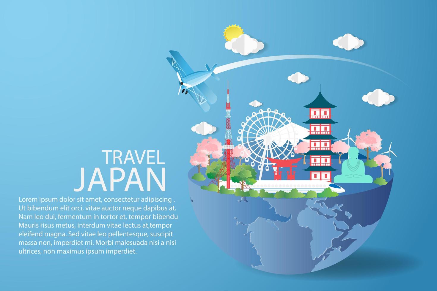 Japan travel design with plane in sky vector