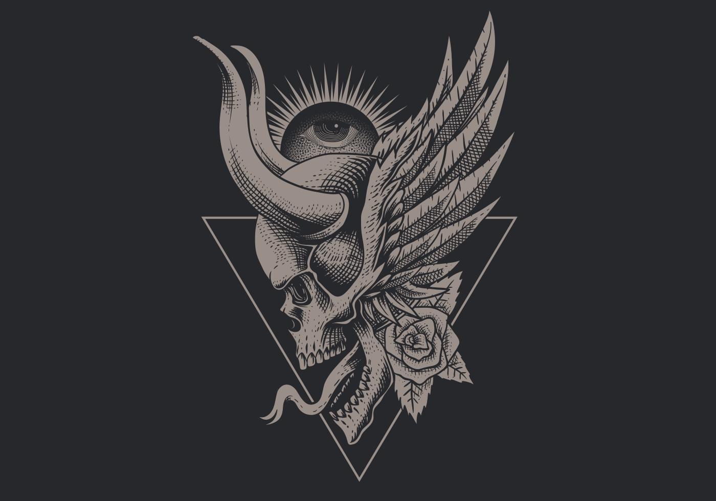 Winged vintage skull with horns over upside down triangle vector