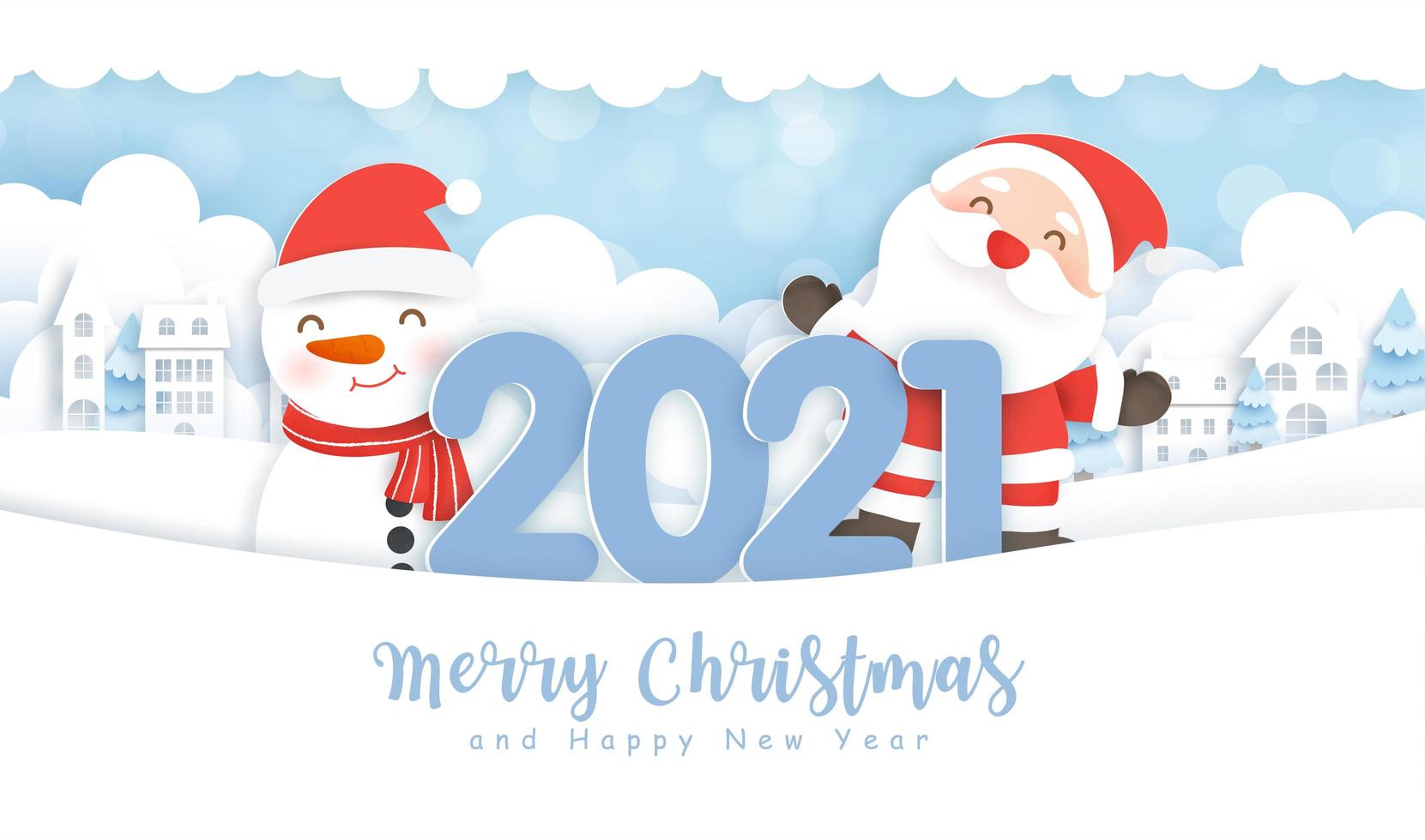 Christmas and new year 2021 paper art winter scene vector