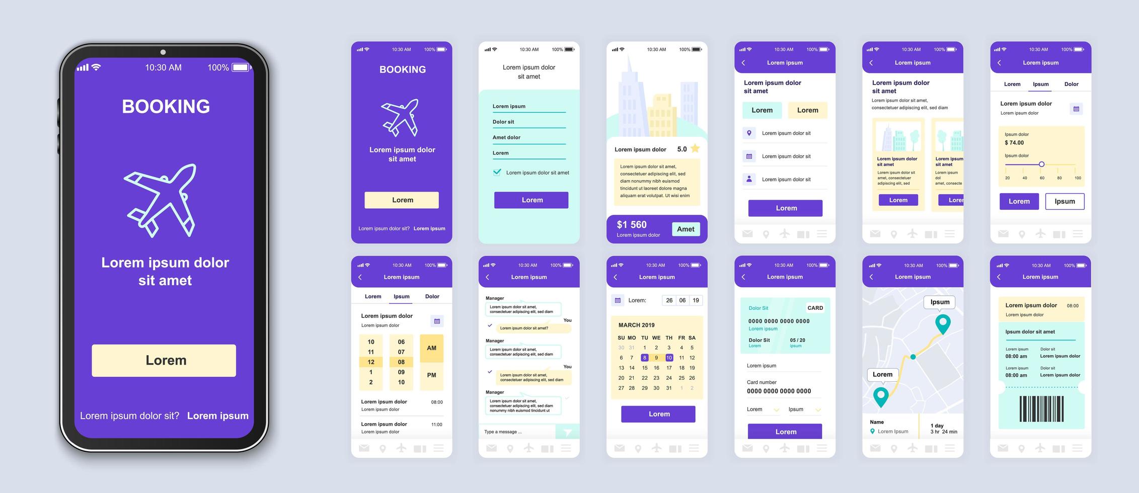 Purple, green, yellow booking UI smartphone interface vector