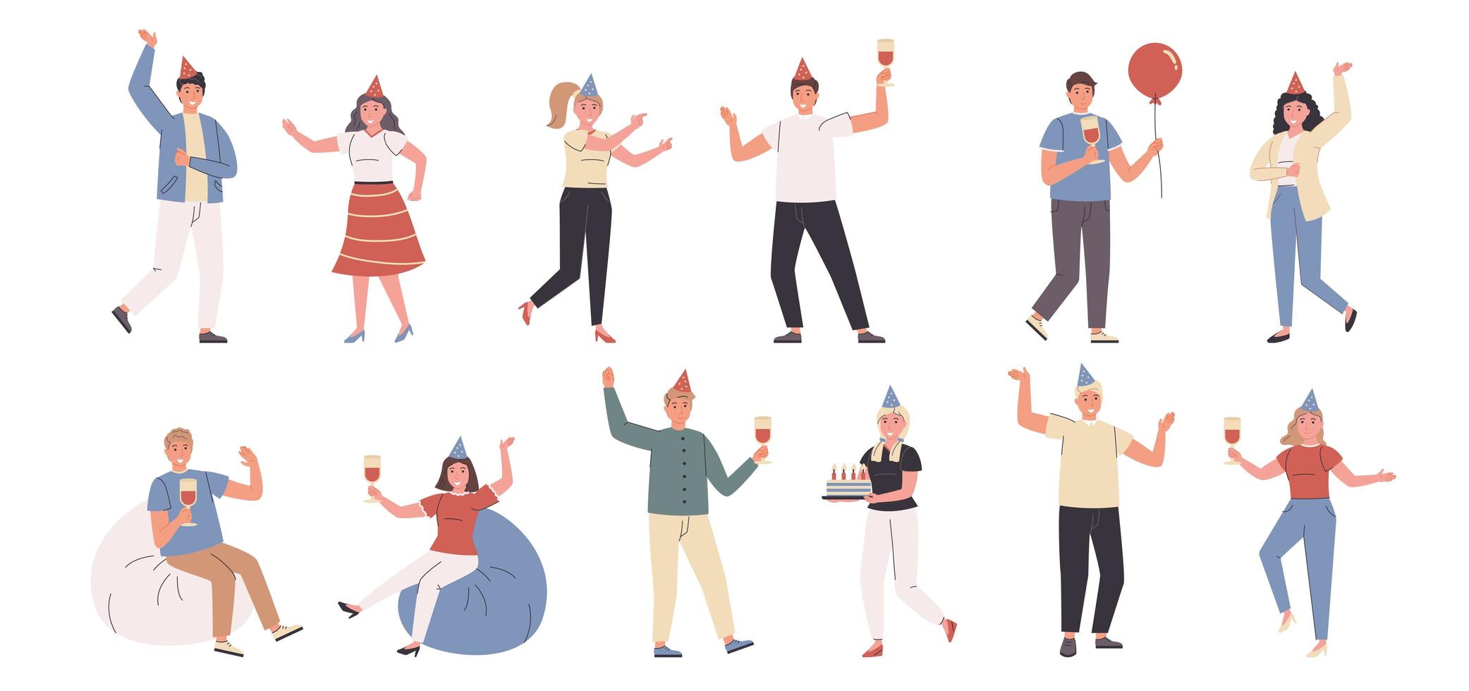 Birthday party, celebration, fun and dance flat character set vector