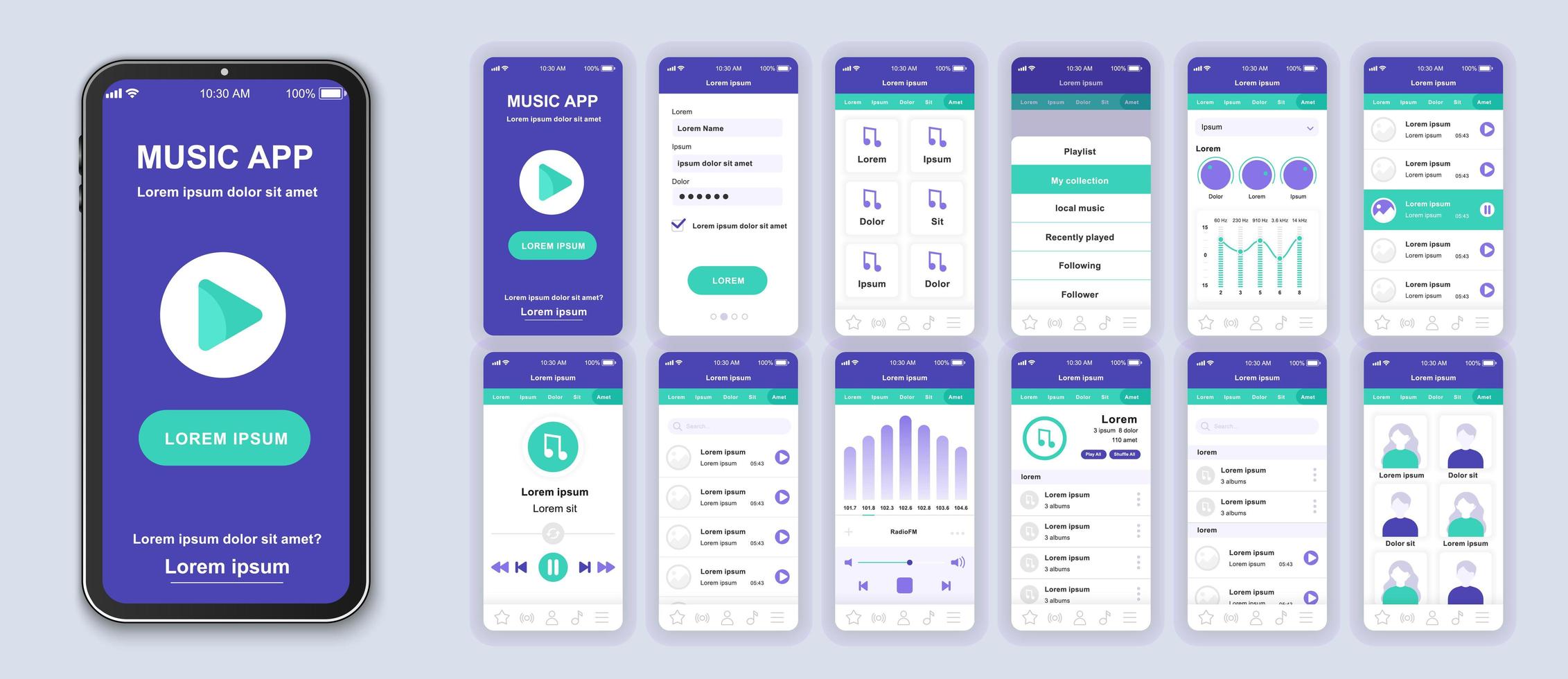 Purple and green music UI mobile app interface design vector