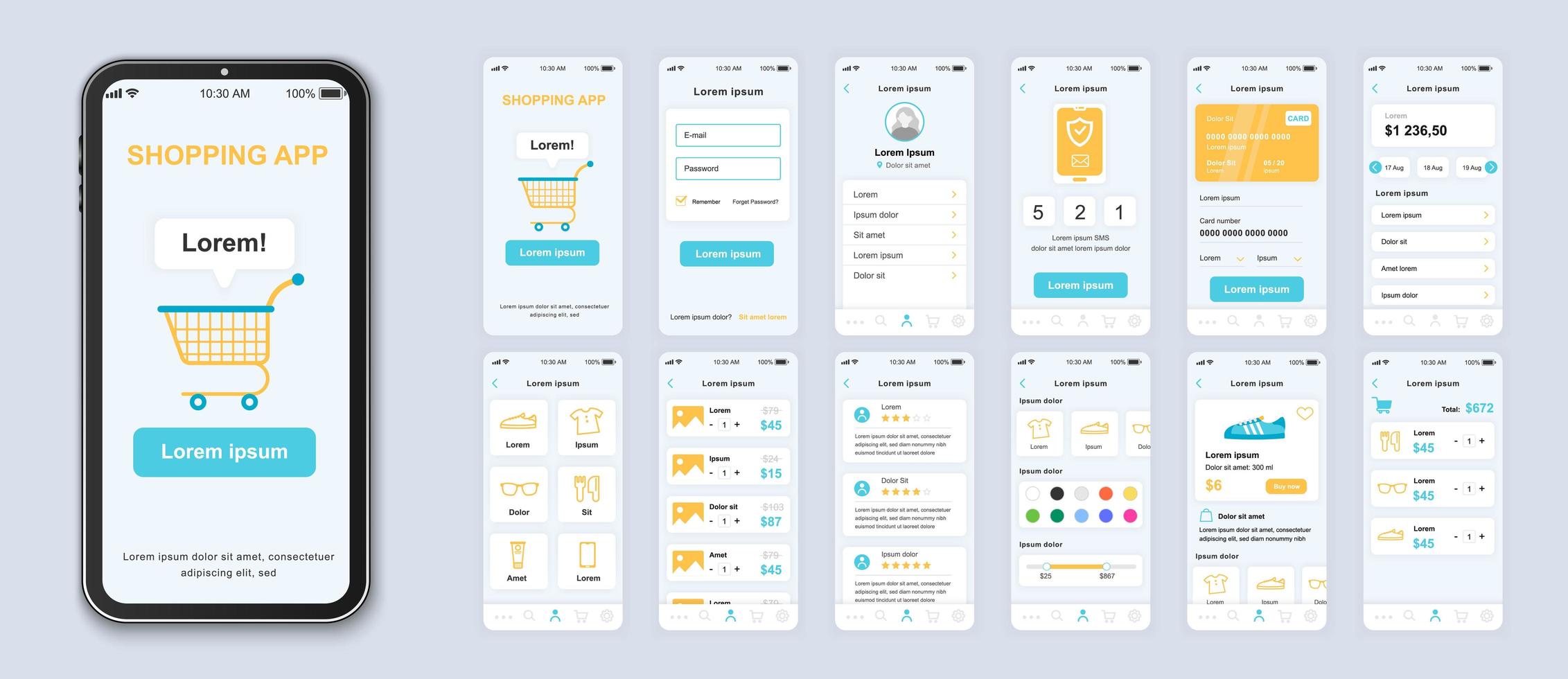 diseño de interfaz de la aplicación ui de compras azul, amarillo y blanco vector