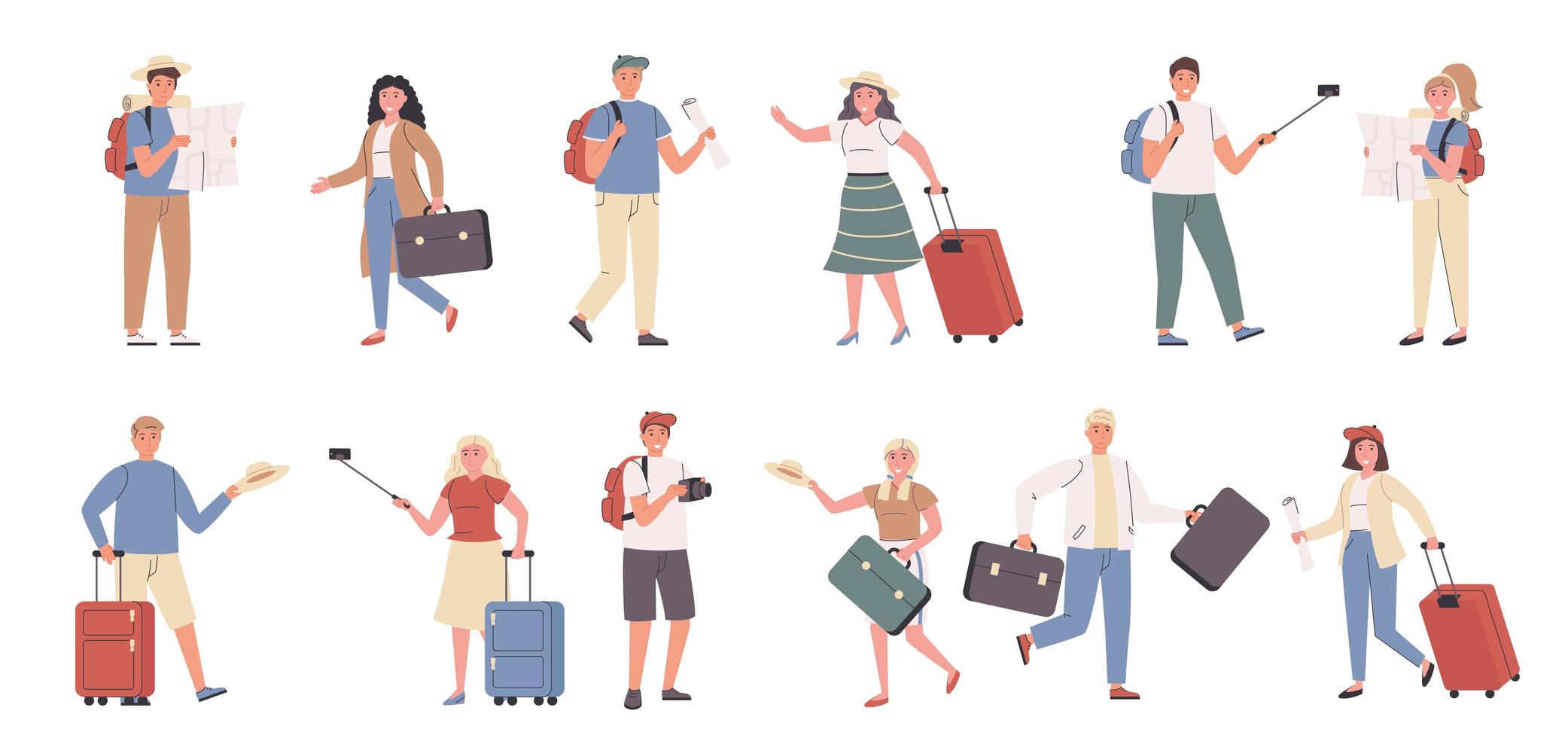 Tourists, male and female travelers flat character set vector