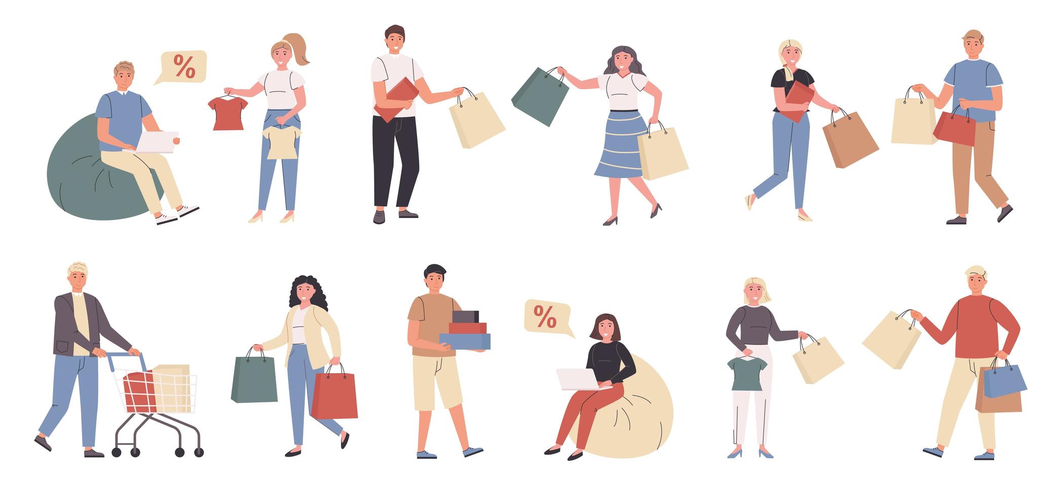 Shoppers, male and female customers flat character set vector
