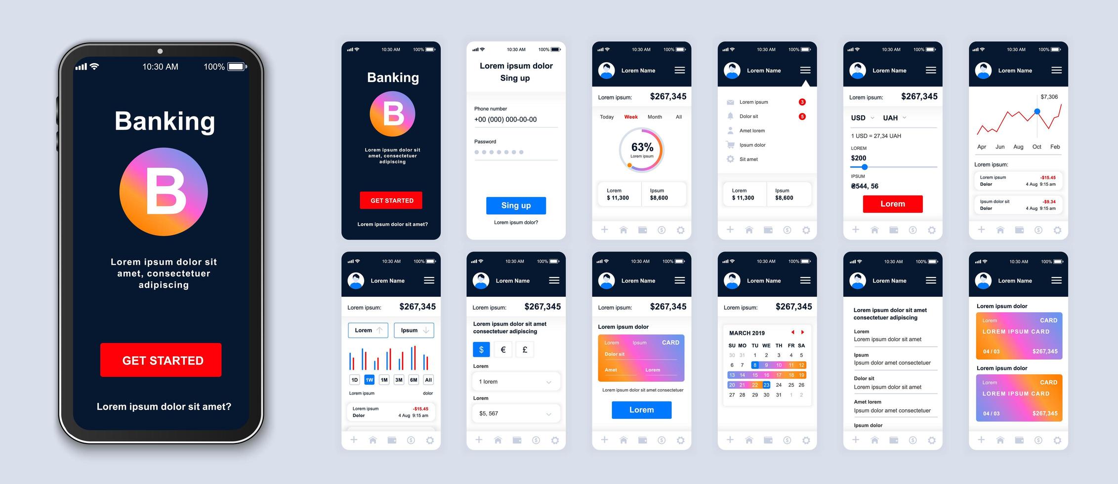 Colorful gradient mobile banking UI app smartphone interface vector