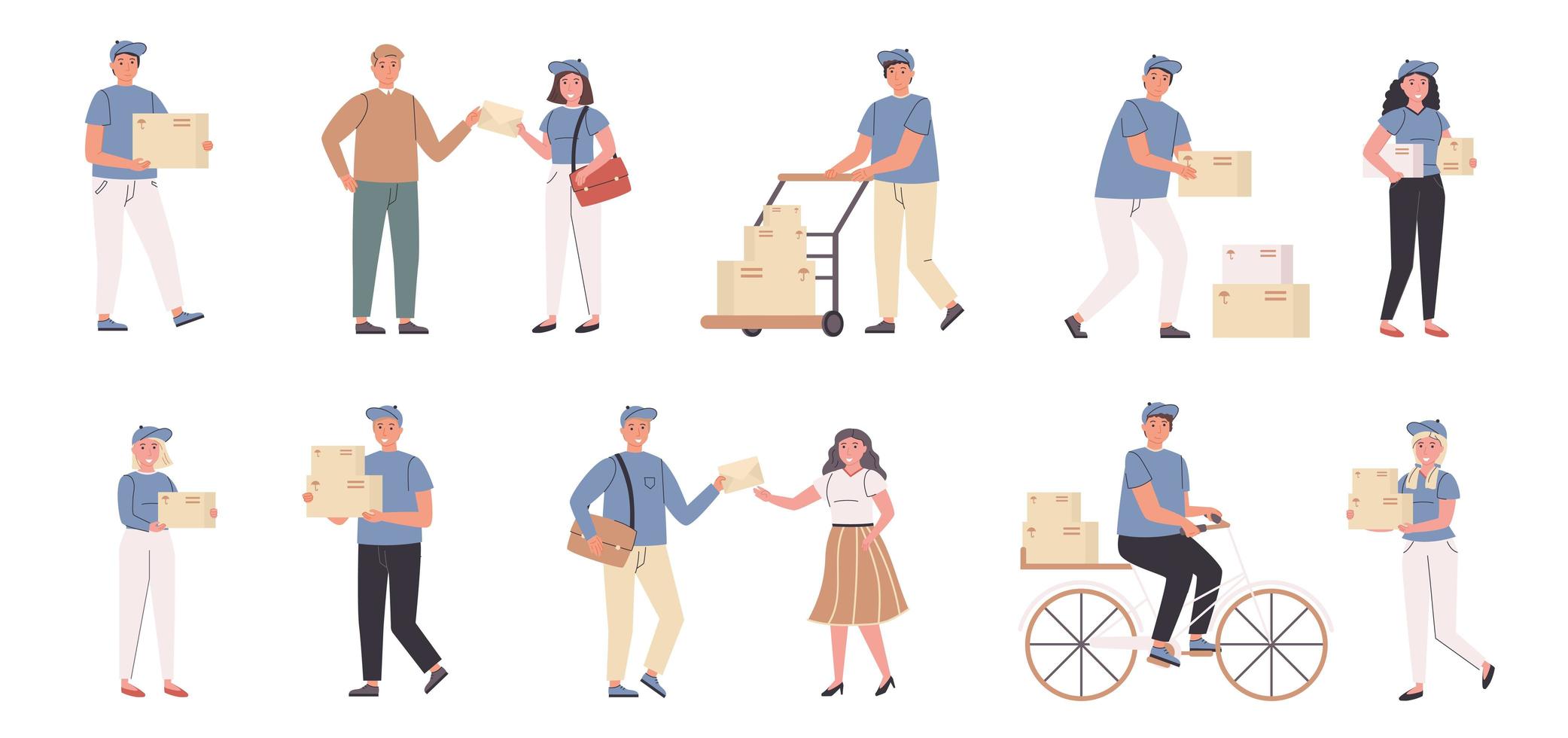 Deliverymen and addressees flat character set vector