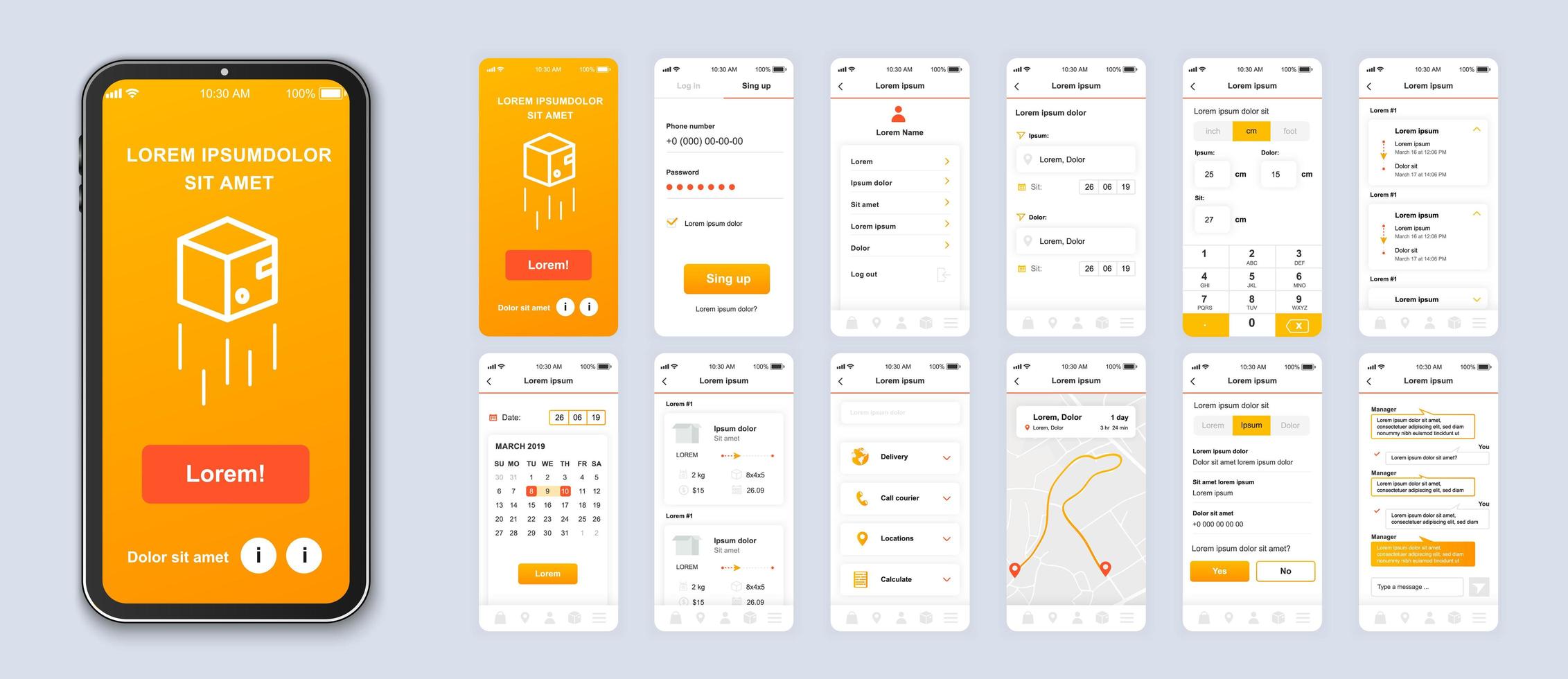Orange gradient delivery UI mobile app smartphone interface vector