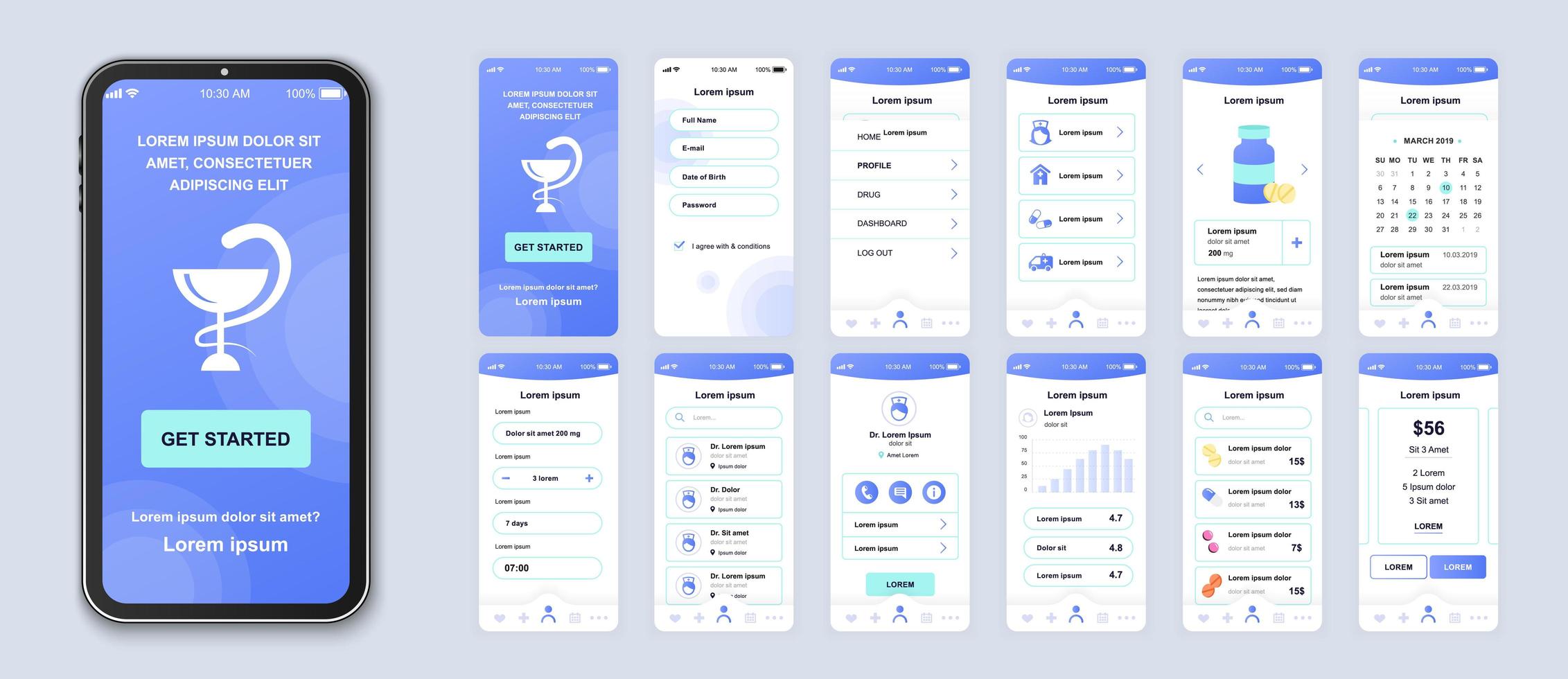 Blue and green medicine UI smartphone interface vector