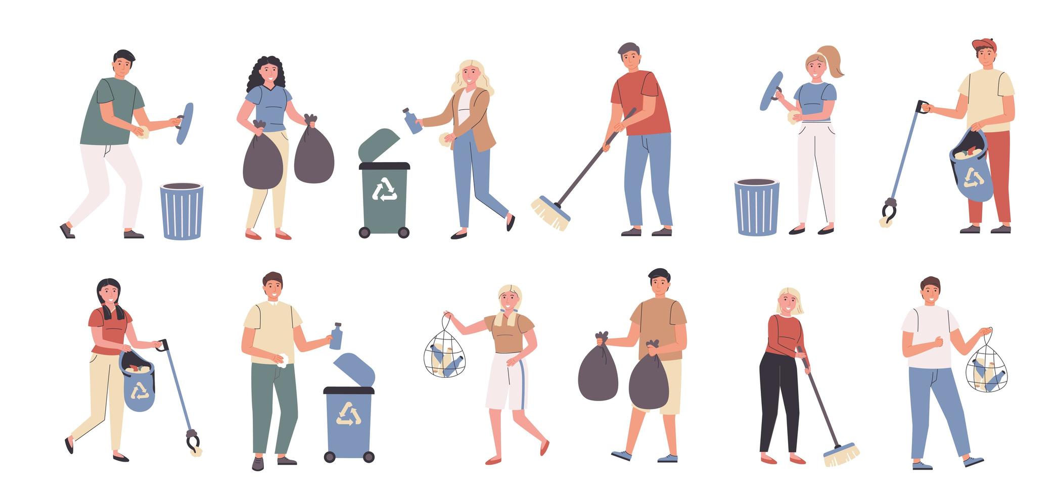 Volunteer work, city cleaning, trash collection flat character set vector