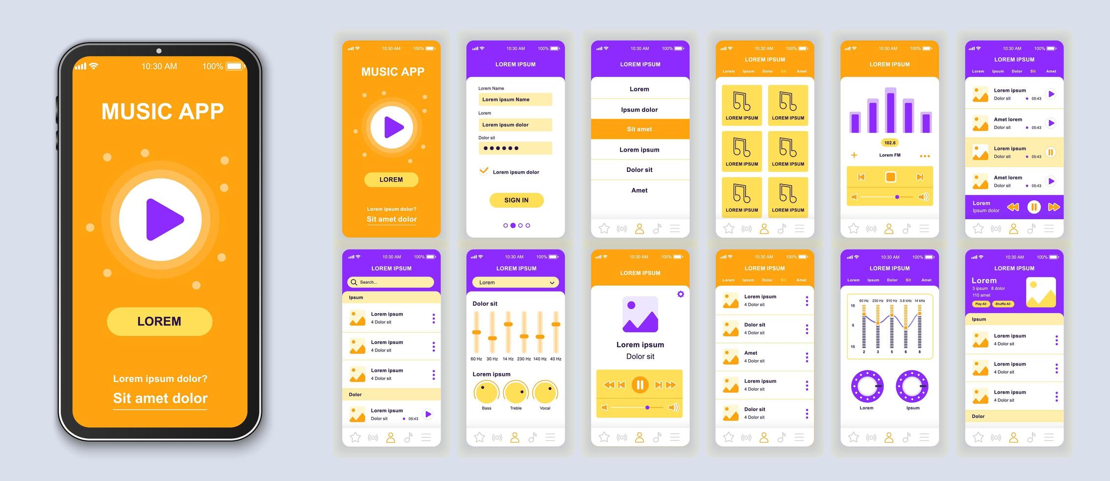 diseño de interfaz de aplicación móvil ui de música naranja y púrpura vector