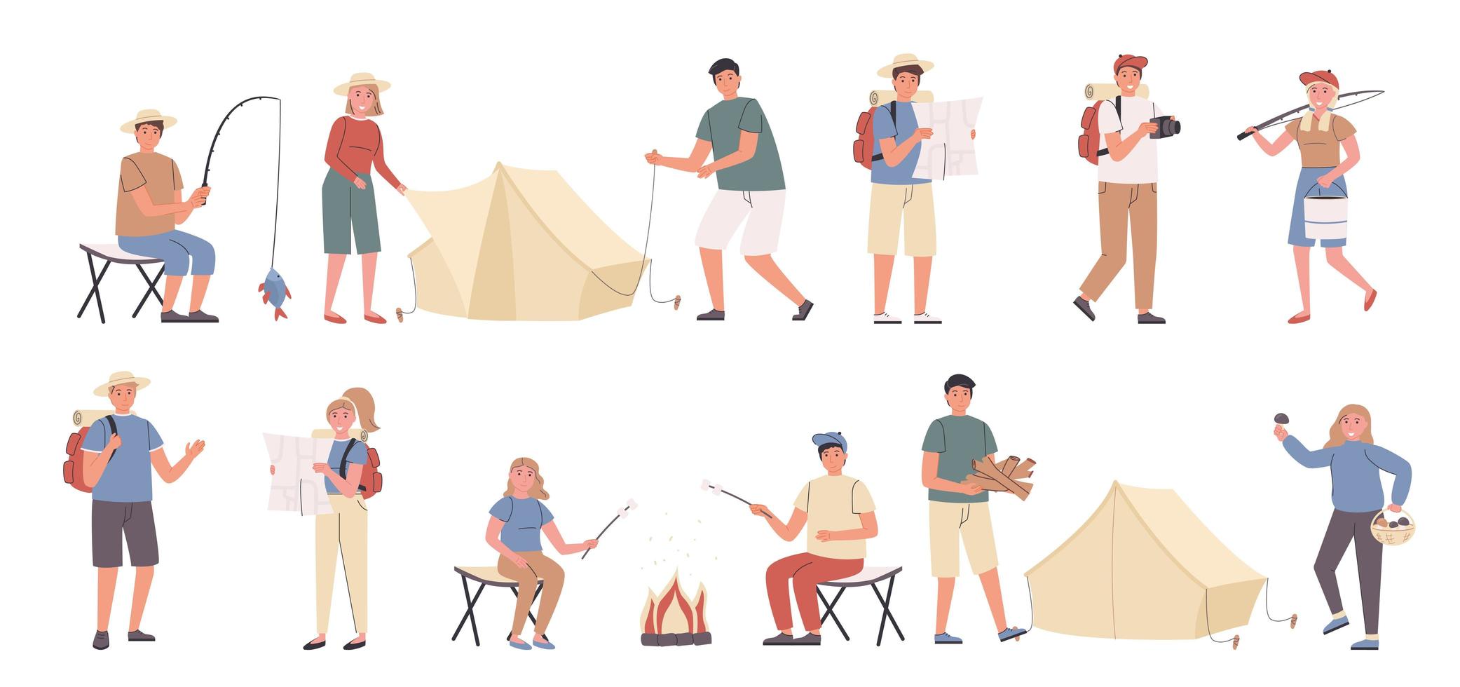 viaje de campamento, ocio en la naturaleza, conjunto de caracteres planos ecológicos vector