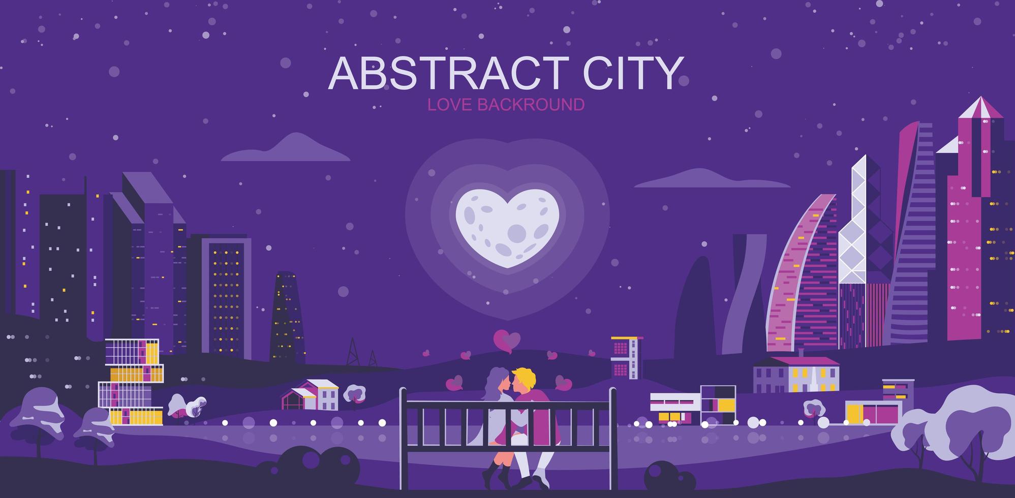 Purple and pink romantic city landscape with couple in love vector