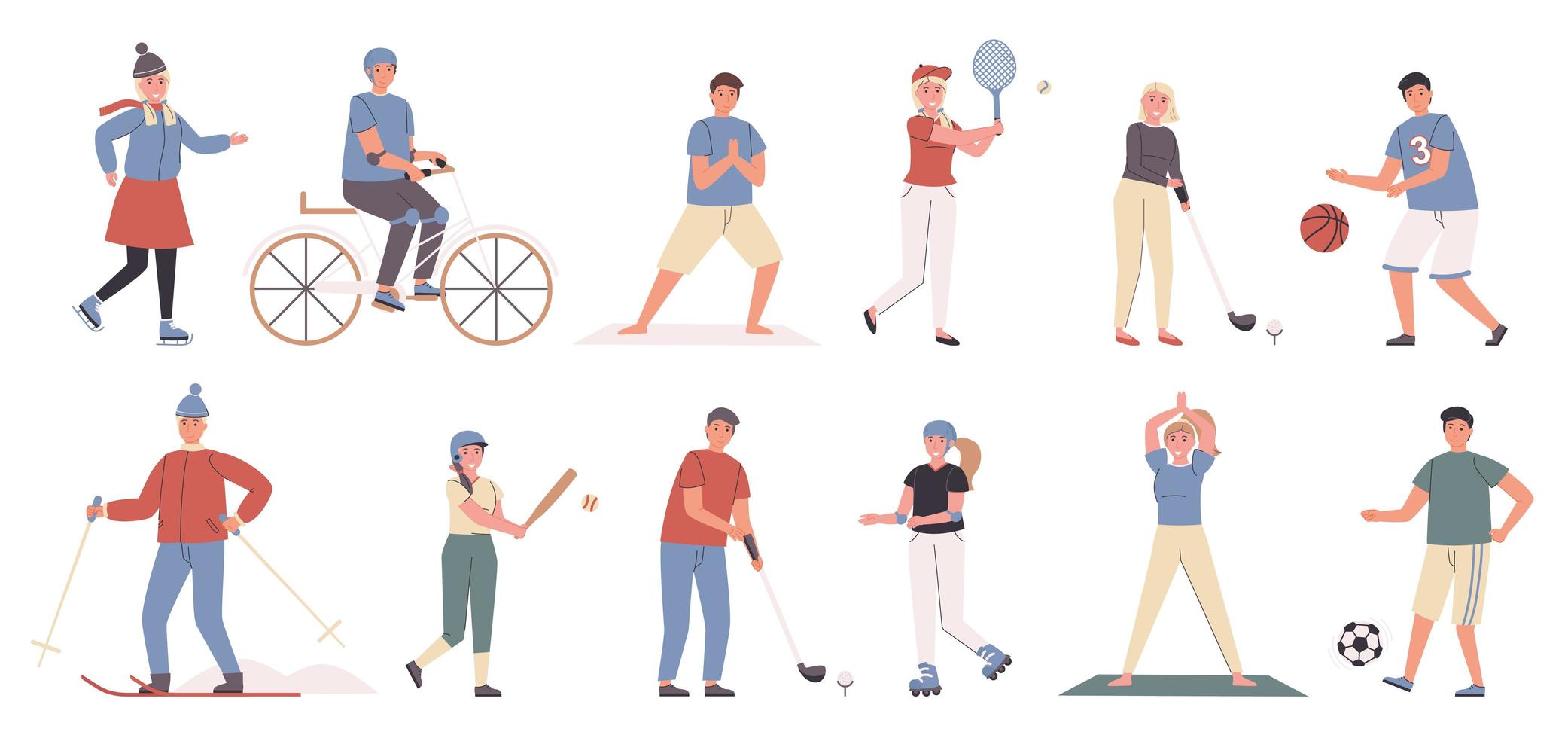 Summer and winter sports flat character set vector