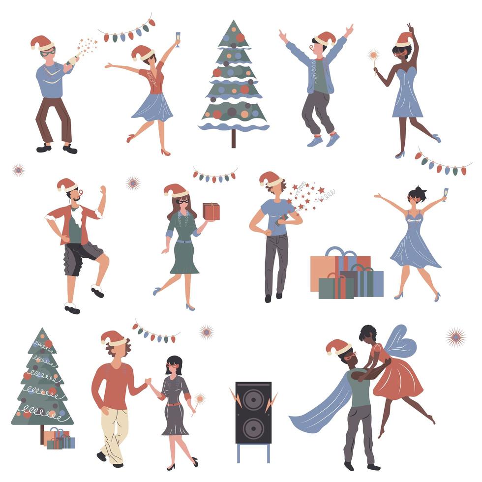 People celebrating Christmas cartoon characters set vector