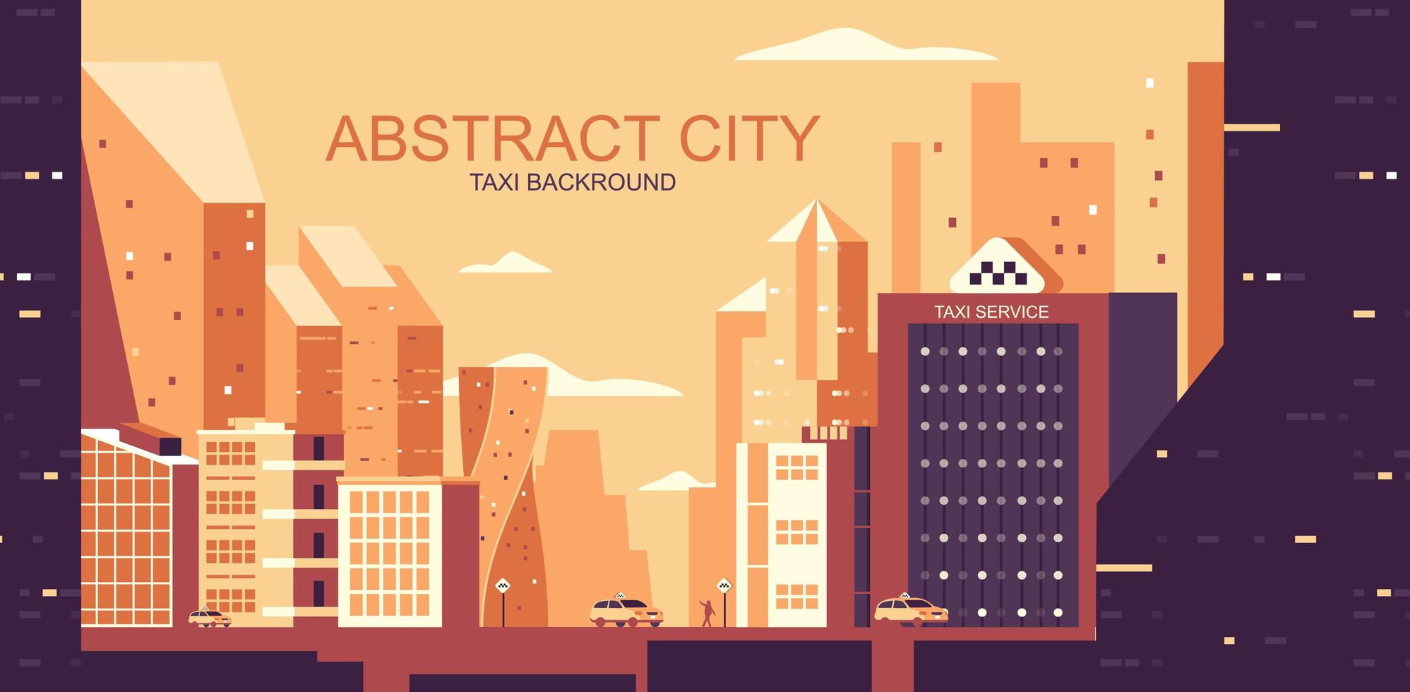 Orange toned urban landscape with yellow cabs vector