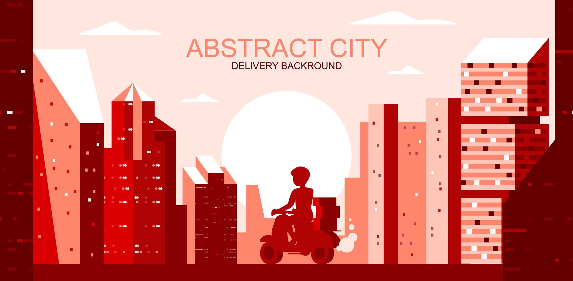 paisaje de la ciudad con mensajero en scooter en tonos rojos vector