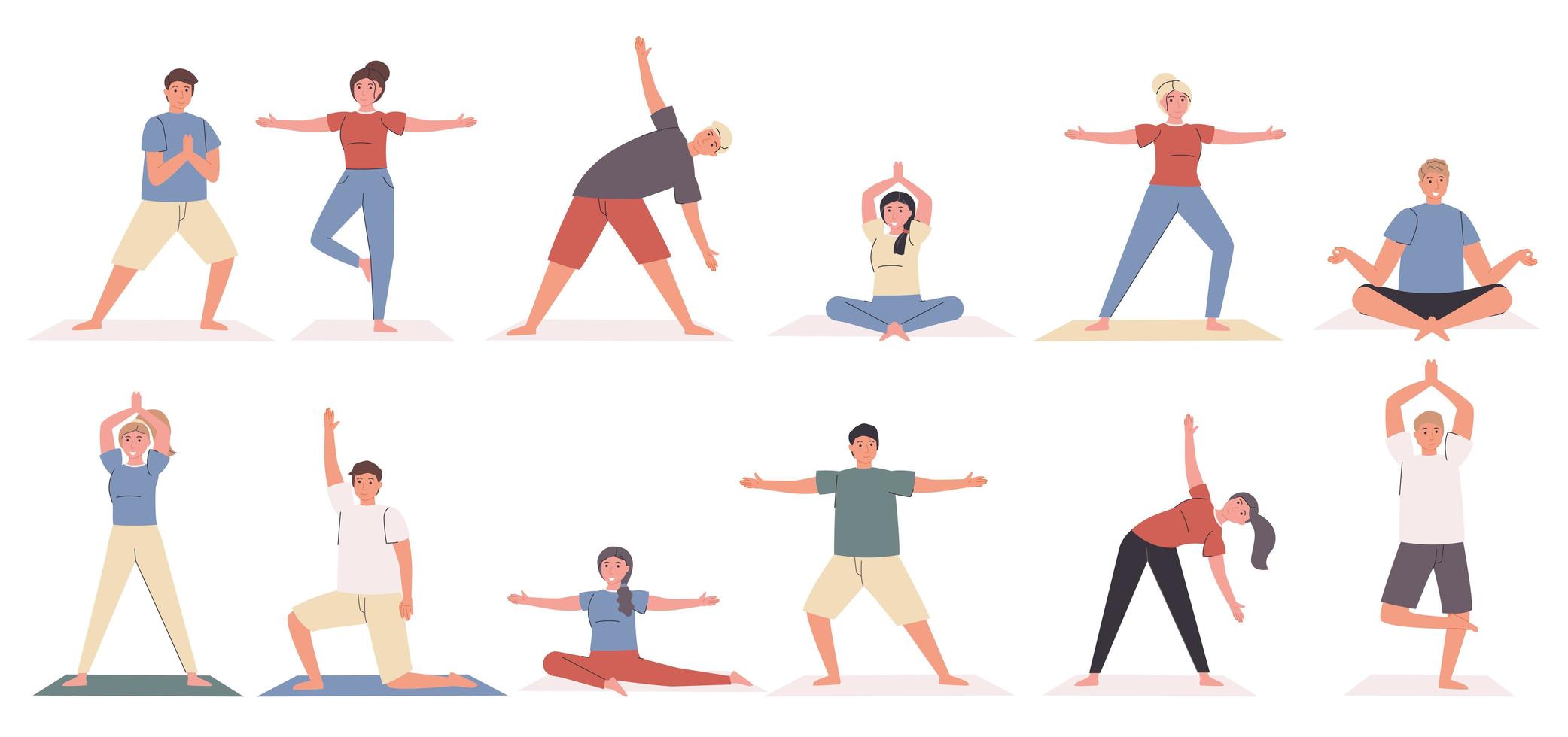 Yoga poses and exercises flat character set vector