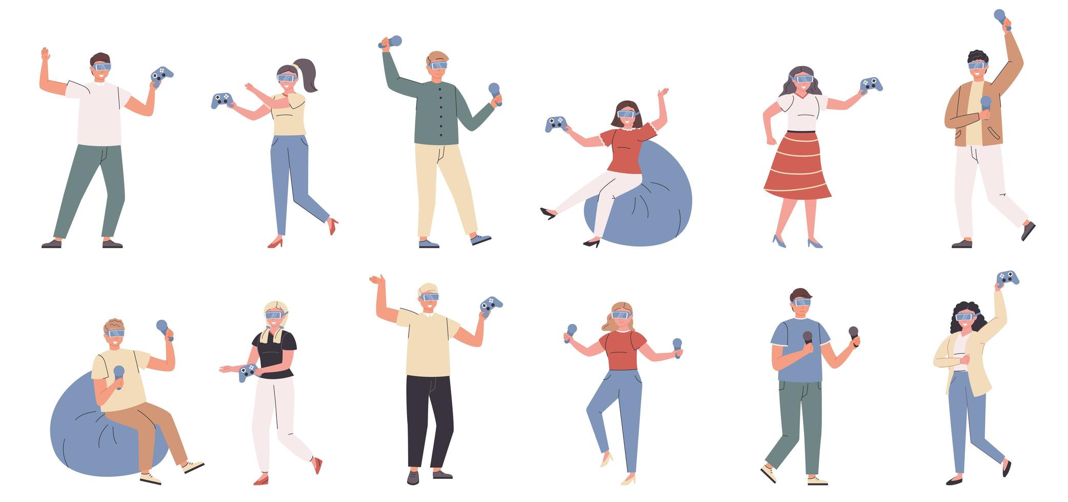 Virtual reality, simulated world flat character set vector