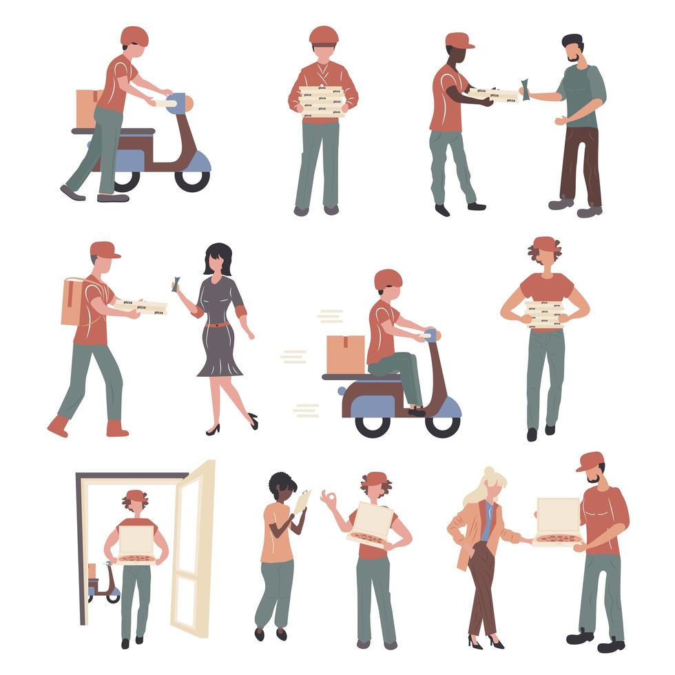 Pizza deliverymen and customers characters set vector