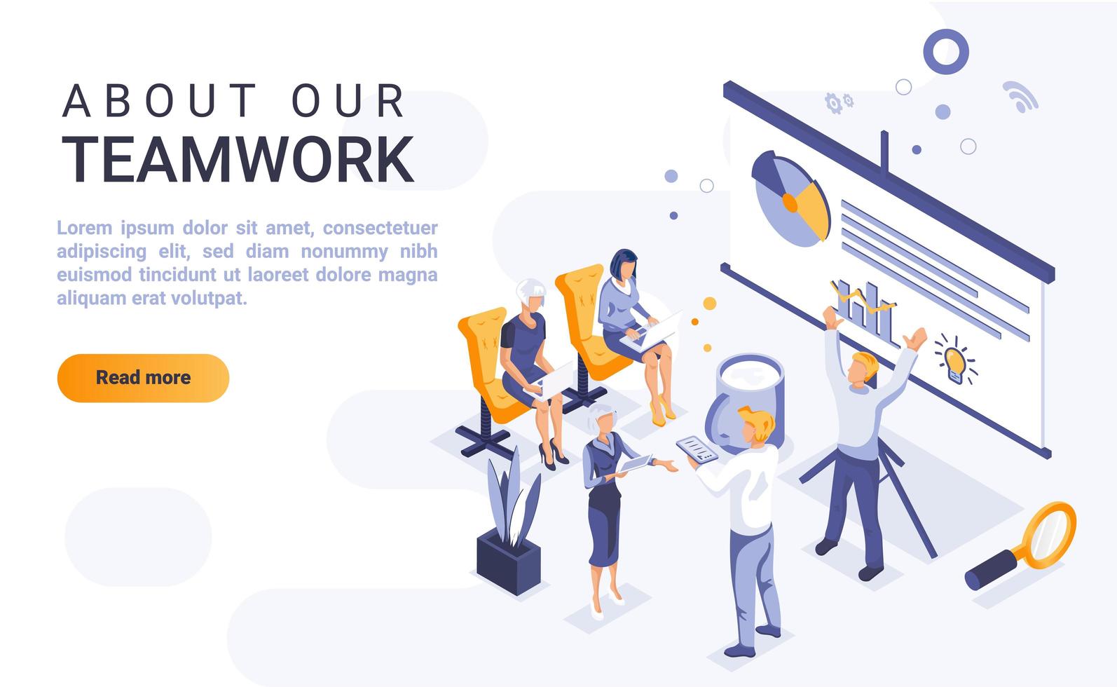 About our teamwork isometric landing page vector