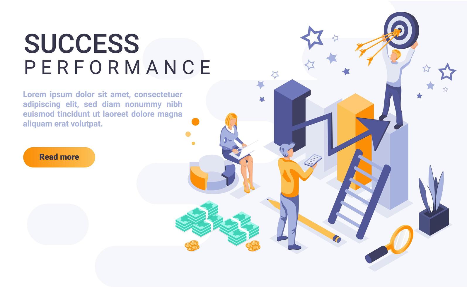 Success performance isometric landing page vector