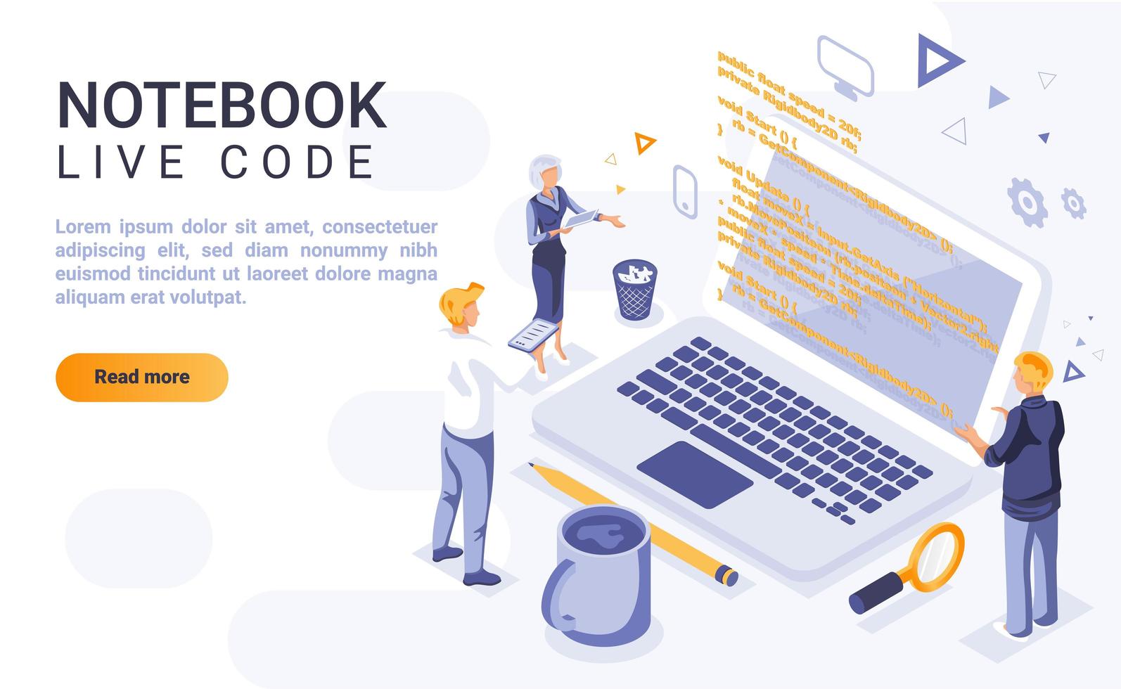 Notebook live code isometric landing page vector