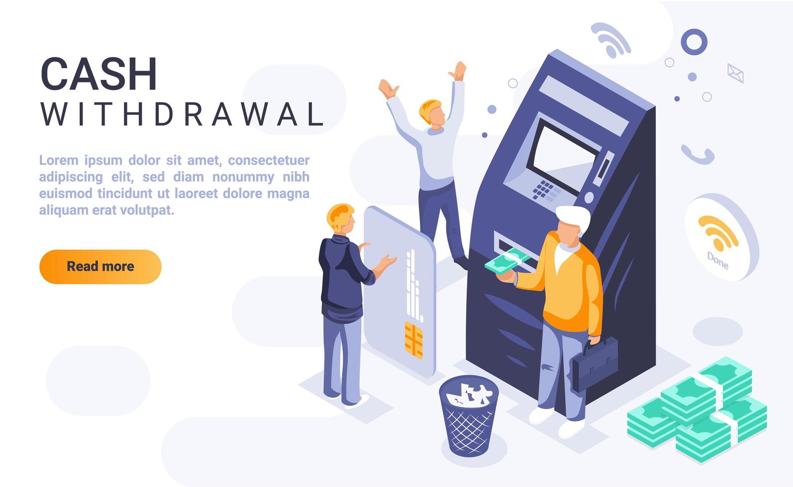 Cash withdrawal isometric landing page vector