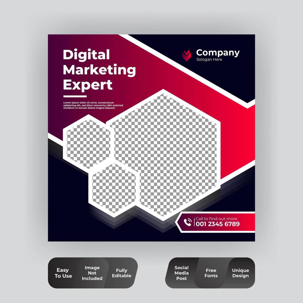 Hexagon social media post template in red and black vector
