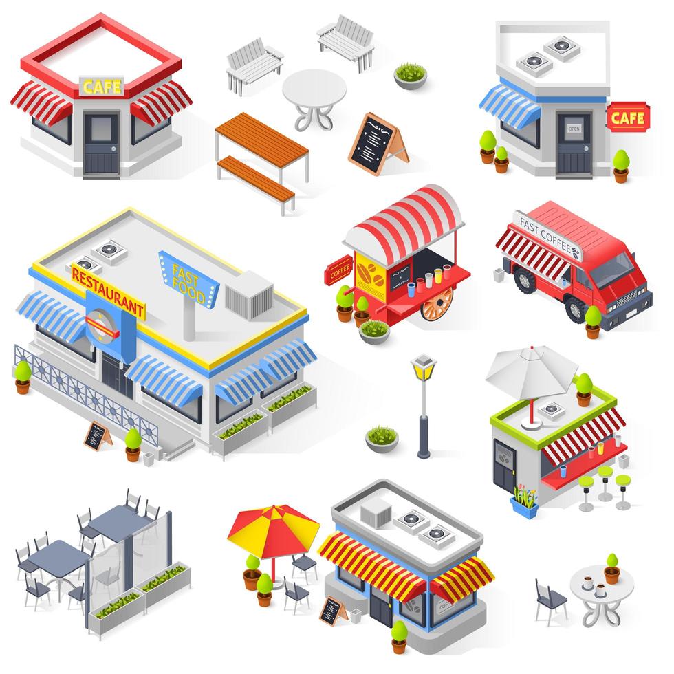 Isometric street food icon set vector