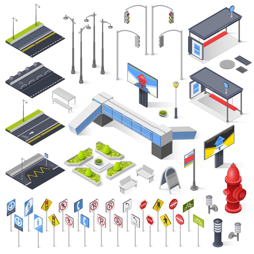 Isometric urbanscape elements icon set vector