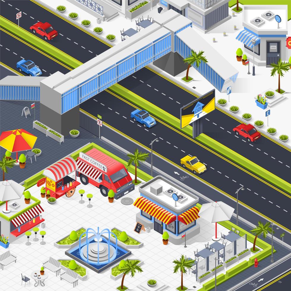 Isometric urbanscape with food trucks vector