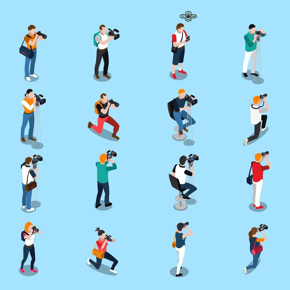 personas con cámaras conjunto de iconos isométricos vector